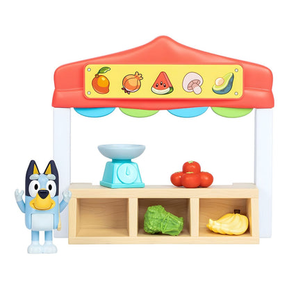 Vista do Bluey Mercado dos Produtores com acessórios de compra e brincadeira