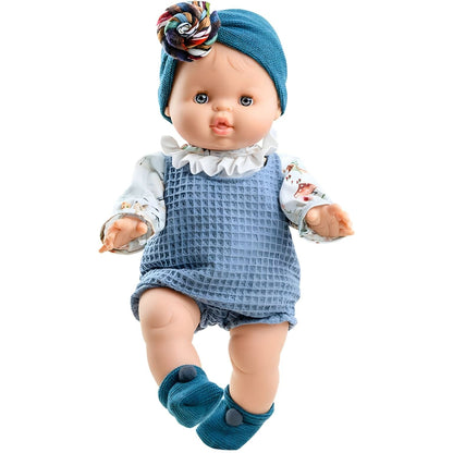 Boneca Blanca 34 cm com turbante azul, jardineiras azuis e camisa estampada