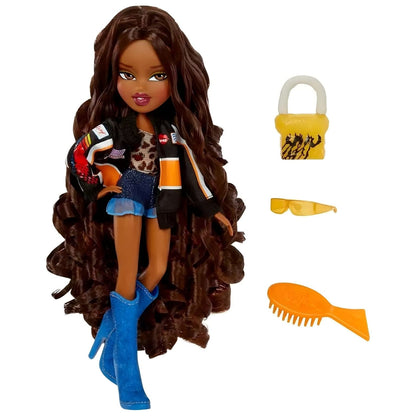 Boneca Bratz Sasha com mala amarela, óculos de sol e escova
