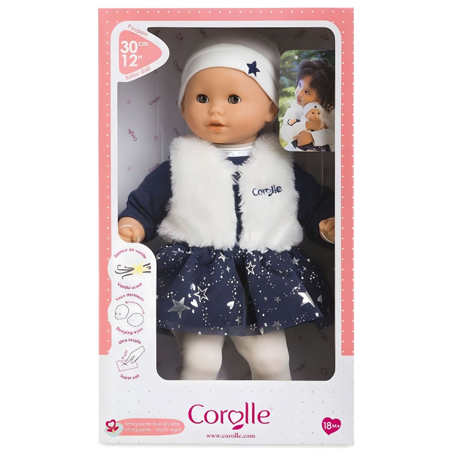 Boneca Corolle Marguerite Starlit Night com vestido azul estrelado, colete branco e gorro branco
