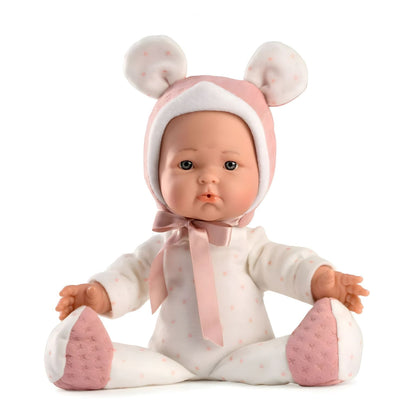 Boneca Mimi Rosa 36 cm sentada com pijama branco e gorro de orelhas