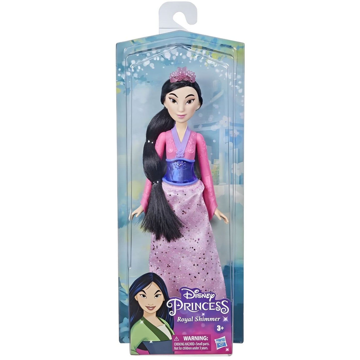 Boneca Princesa Disney - Mulan com vestido rosa brilhante e cabelo preto comprido