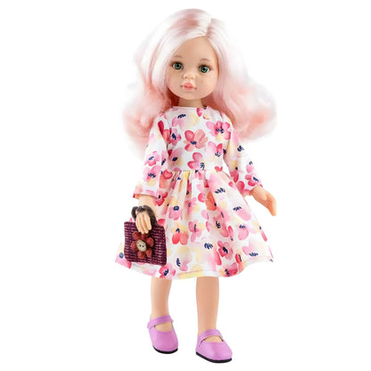 Boneca Rosa com cabelo cor-de-rosa, vestido floral e mala