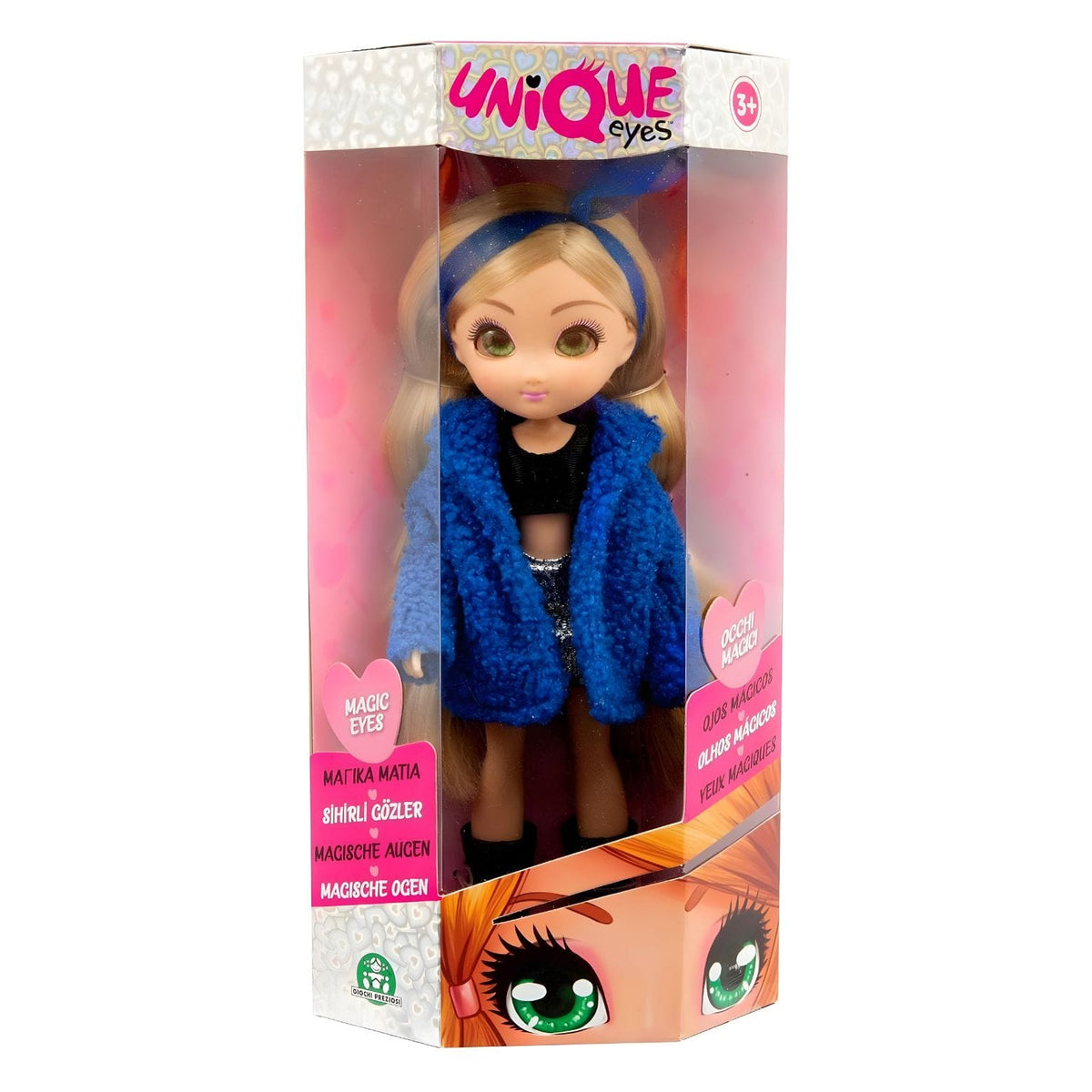 Boneca Unique Eyes Amy com casaco azul e cabelo comprido