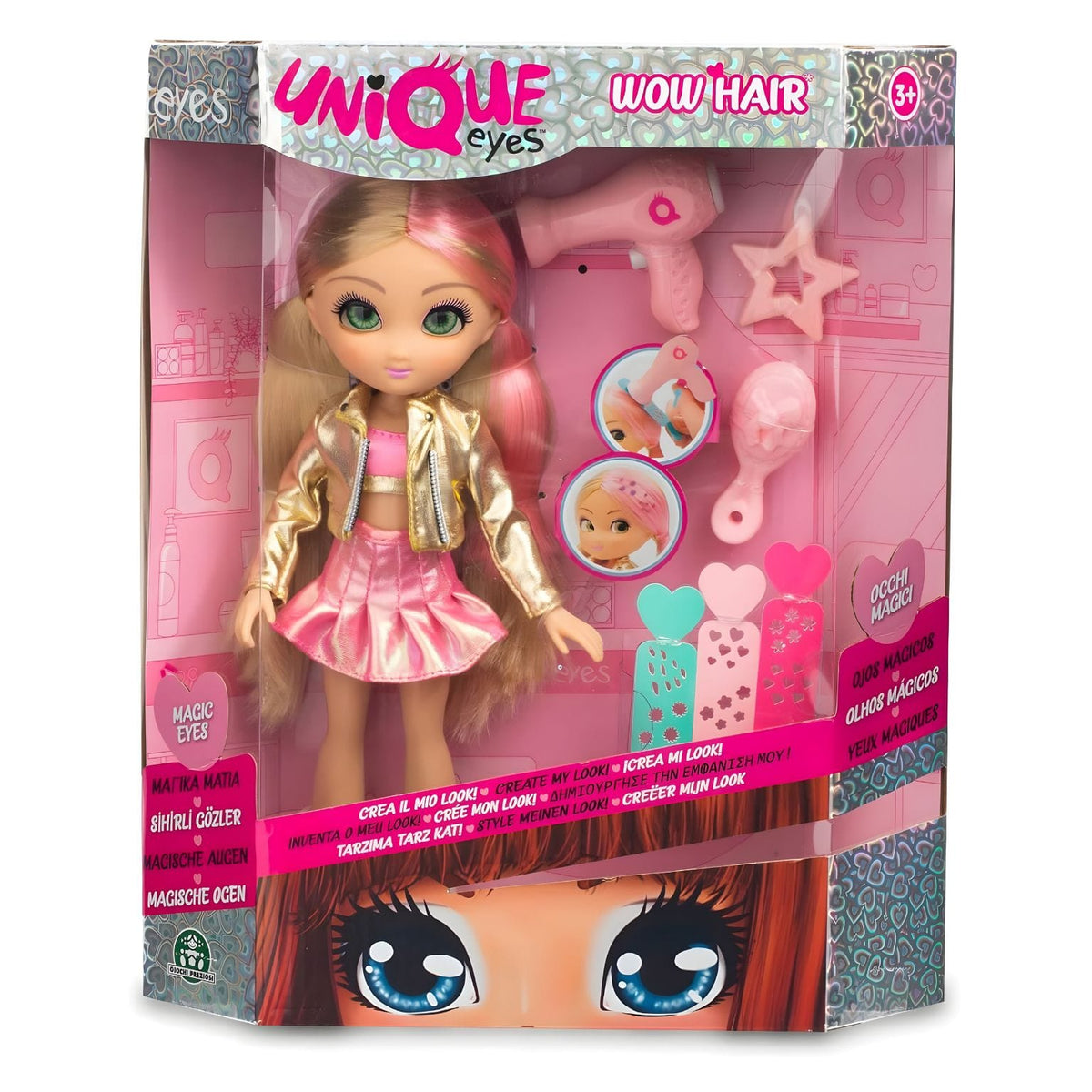 Boneca Unique Eyes Amy Total Look com vestido dourado e colete