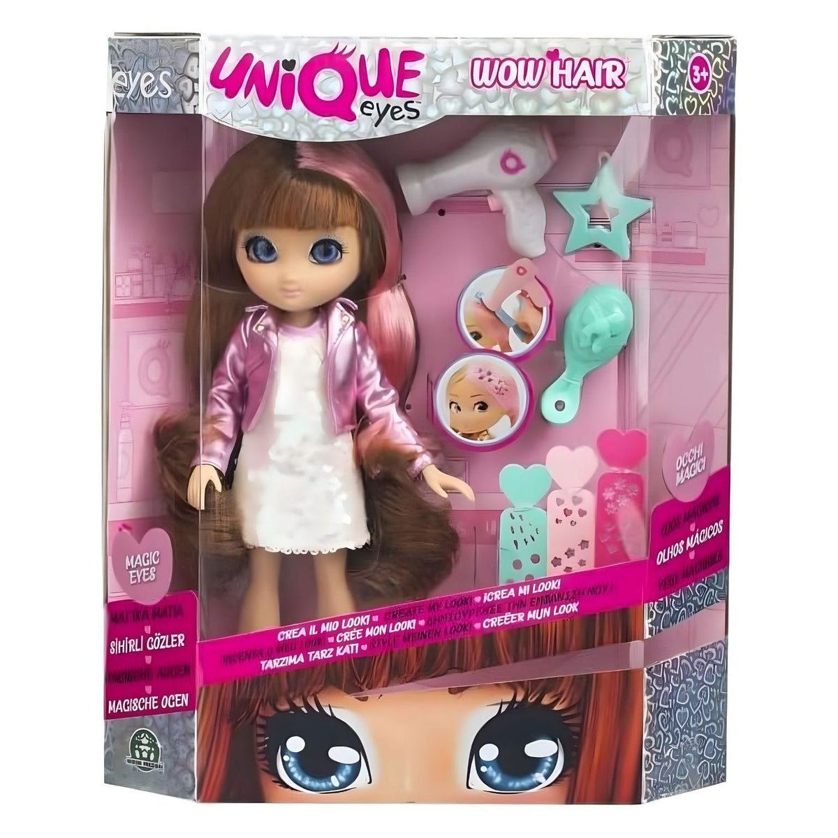 Boneca Unique Eyes Sophia com vestido branco e casaco cor-de-rosa