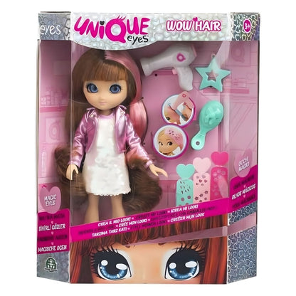 Boneca Unique Eyes Sophia Wow Hair na caixa com secador e acessórios