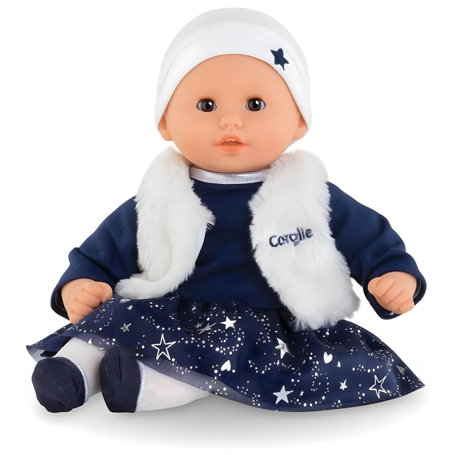 Boneca Corolle Marguerite Starlit Night com vestido azul estrelado, colete branco e gorro branco