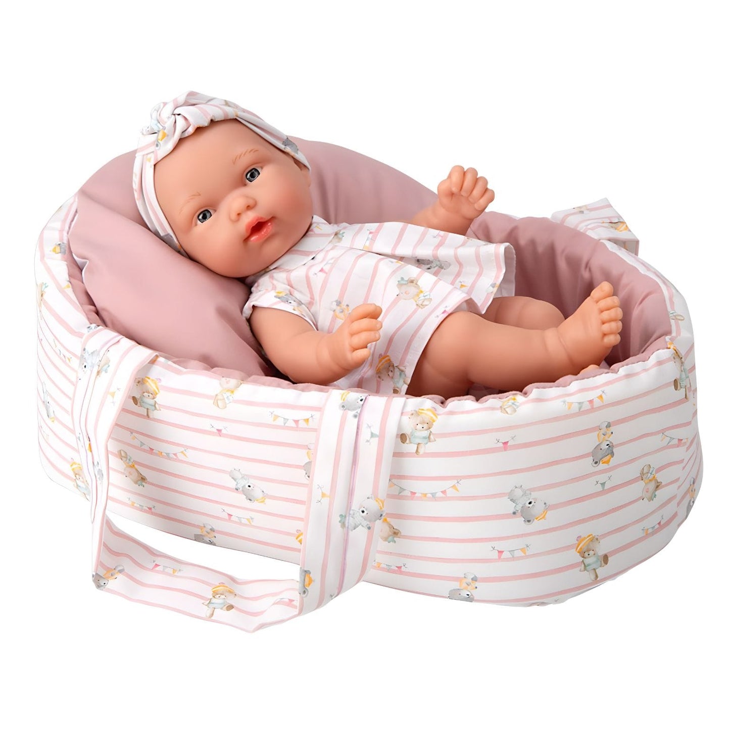 Boneca Elegance 26 cm com alcofa rosa em detalhe do produto