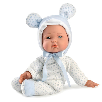 Boneca Mimi Azul de pijama estampado com pés azuis, vista de frente