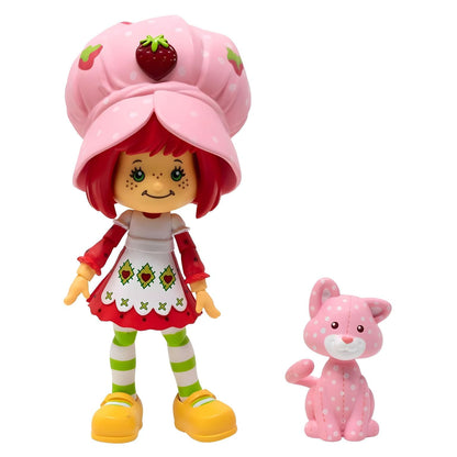 Boneca Strawberry Shortcake com gorro cor-de-rosa e o gato Custard