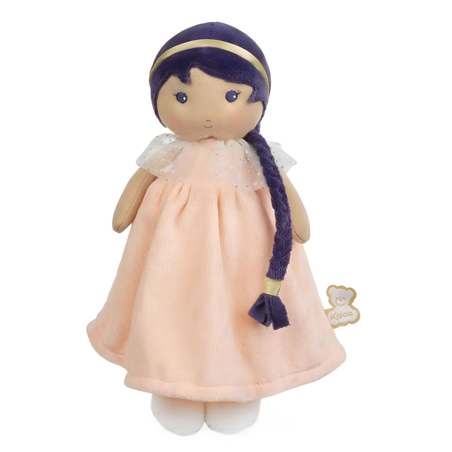 Boneca de Pano Iris da Kaloo com vestido rosa suave, cabelo roxo entrançado e expressão doce