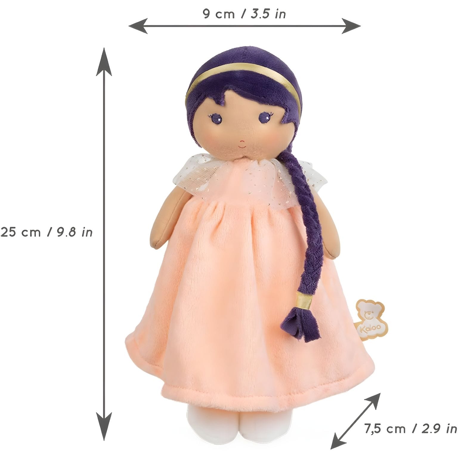 Boneca de Pano Iris da Kaloo com vestido rosa suave, cabelo roxo entrançado e expressão doce