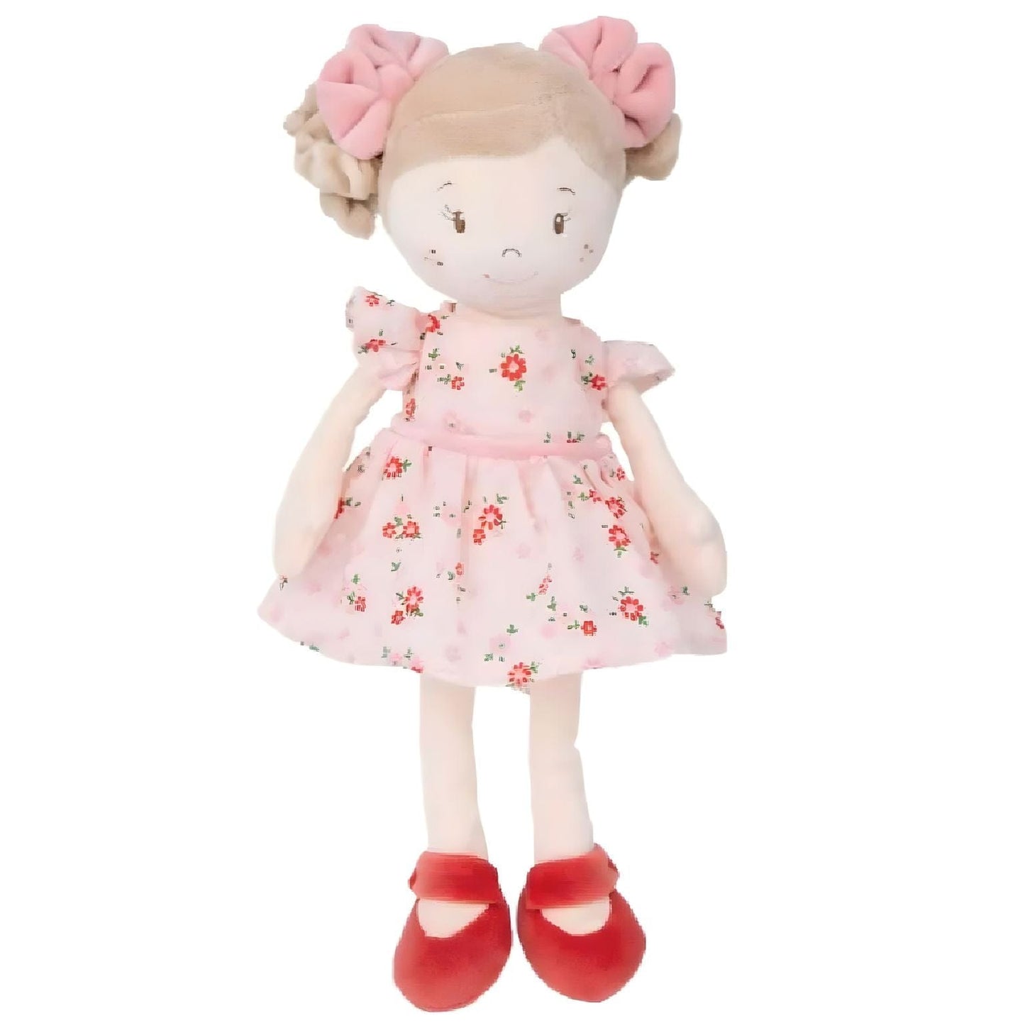 Boneca de pano Vendela com vestido floral rosa, laços cor-de-rosa e sapatos vermelhos