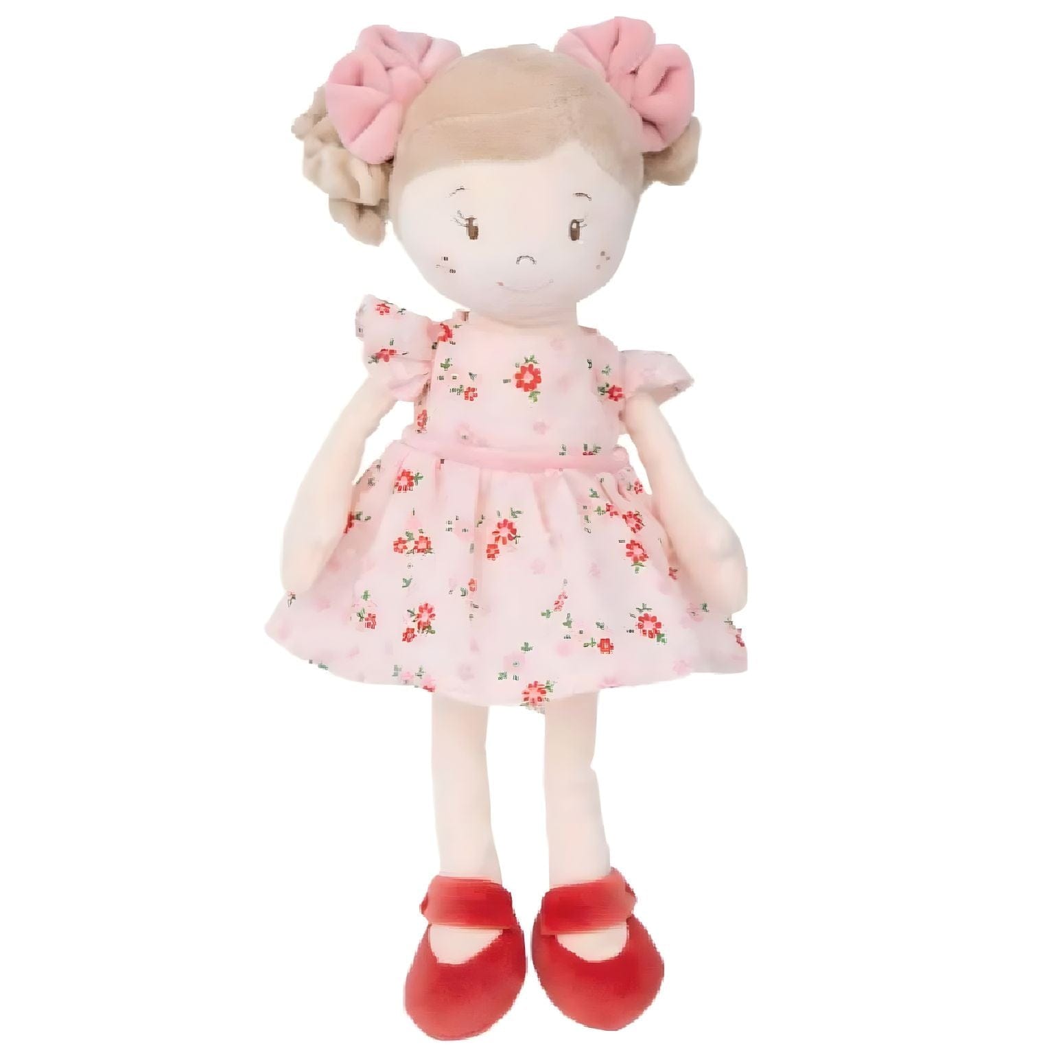 Boneca de pano Vendela com vestido floral rosa, laços cor-de-rosa e sapatos vermelhos