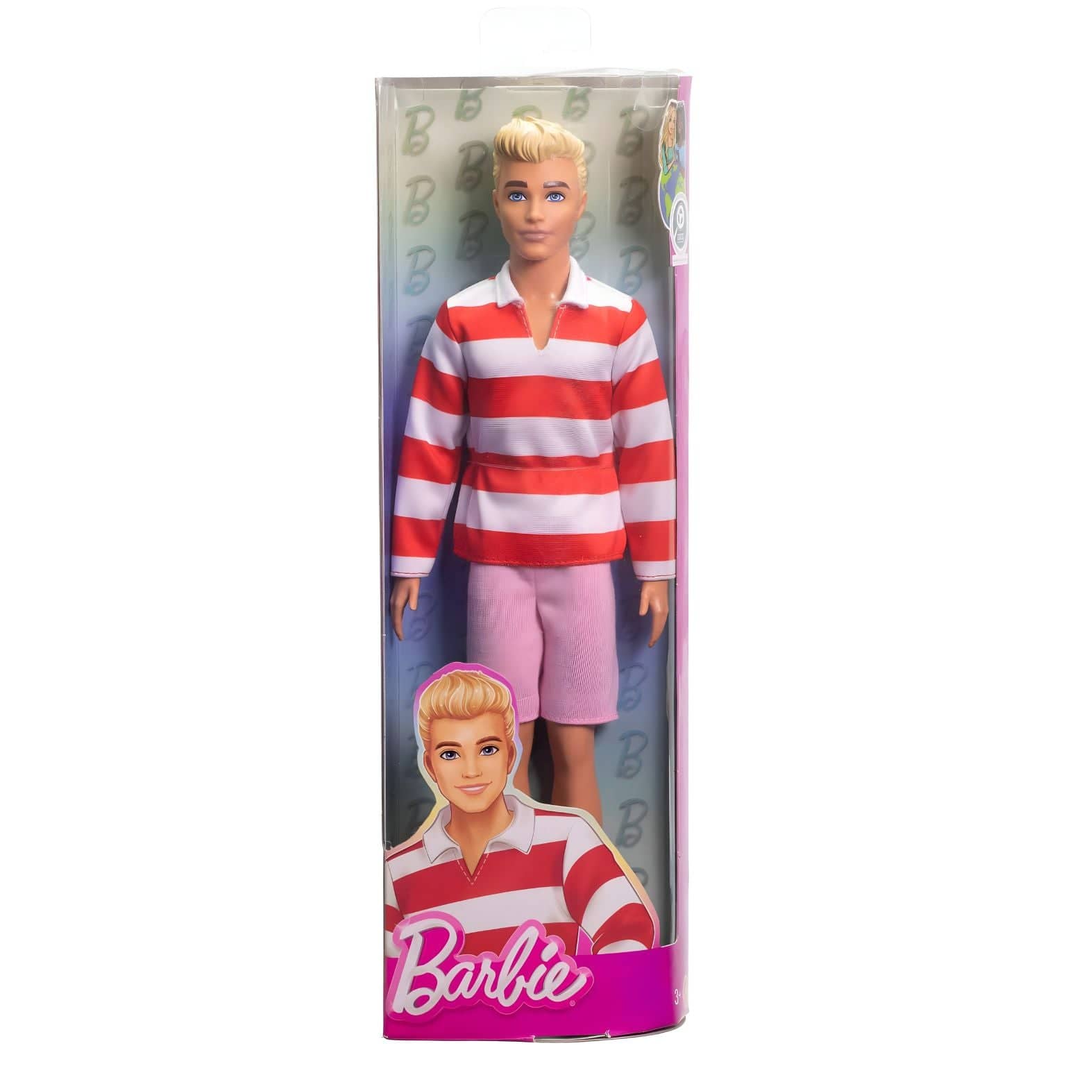 Boneco Ken com camisa às riscas vermelhas e brancas, calções rosa e ténis brancos