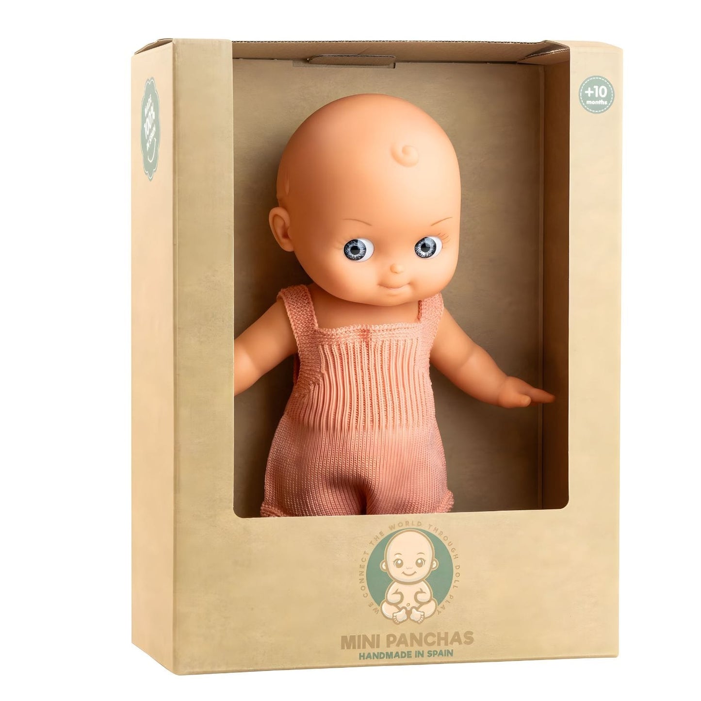 Boneco Mini Panchas com pijama cor de salmão para brincadeiras afetivas