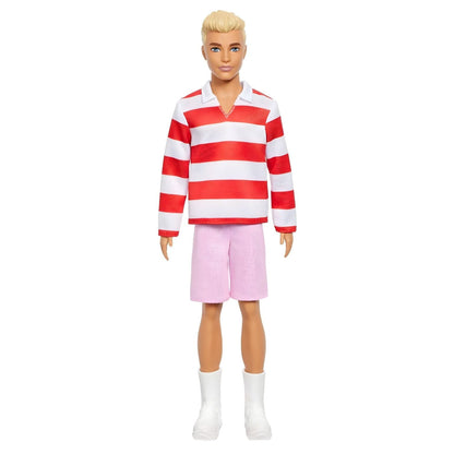 Boneco Ken loiro com camisa às riscas vermelhas e brancas e calções rosa