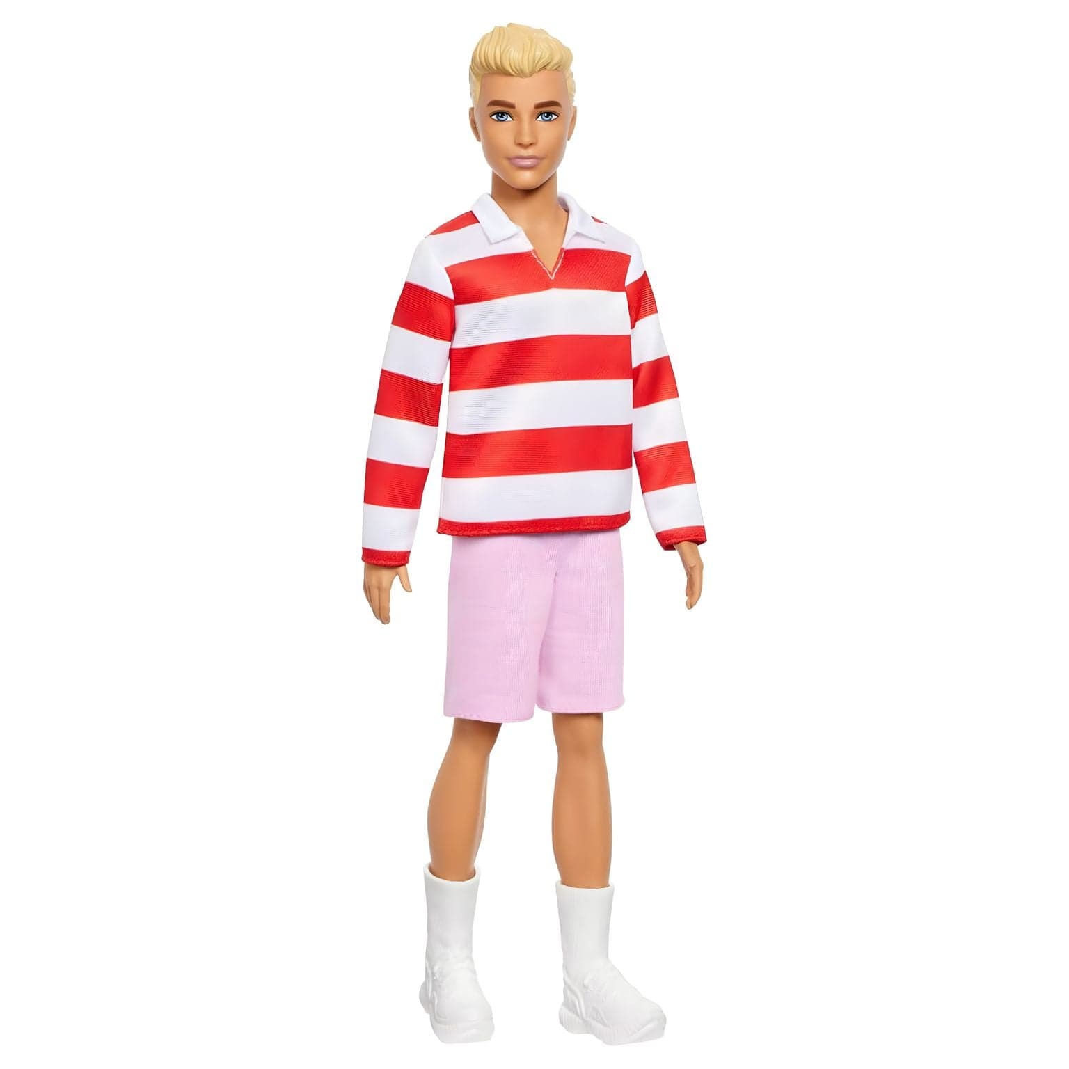 Boneco Ken com camisa às riscas vermelhas e brancas, calções rosa e ténis brancos