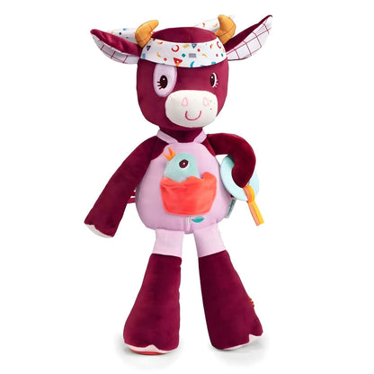 Boneco de Atividade Vaca Rosalie com fita na cabeça e passarinho no bolso
