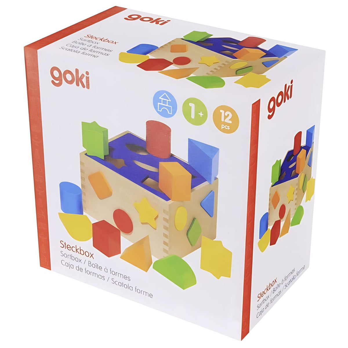 Caixa de formas geométricas coloridas da Goki para atividades de encaixe.