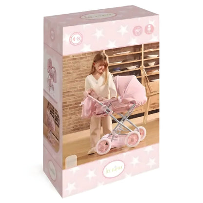 Carrinho de Passeio Grande para Bonecas La Nina rosa com estrelas e mala para passeios imaginários