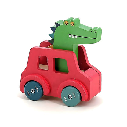 Carro de Madeira Crocodilo visto do outro lado com rodas azuis