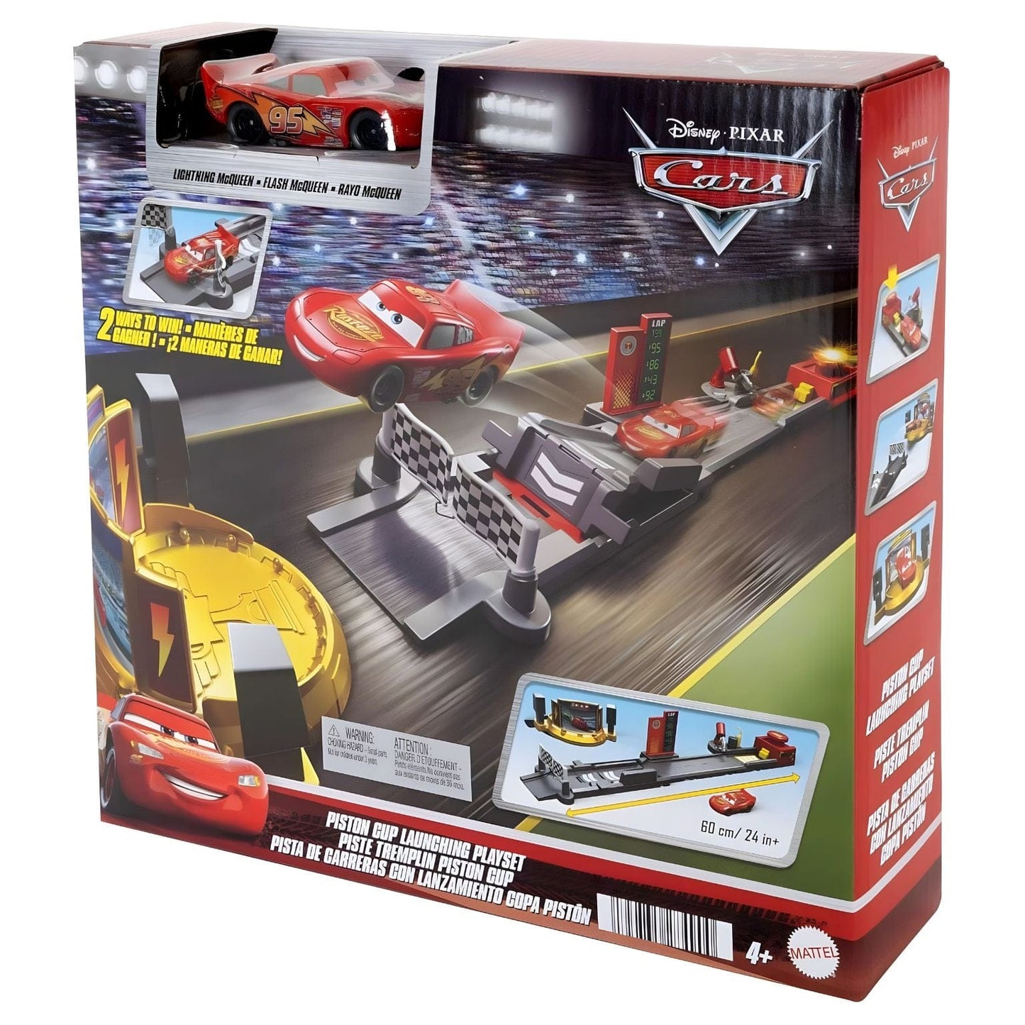 Cars - Pista de corridas com lançamento Copa Pistão com Relâmpago McQueen, meta e cenário de estádio da Copa Pistão