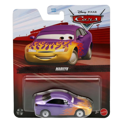 Cars Disney Marilyn na embalagem com carro roxo e chamas amarelas