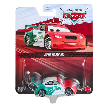 Cars Disney Memo Rojas Jr. na embalagem, carro verde, branco e vermelho