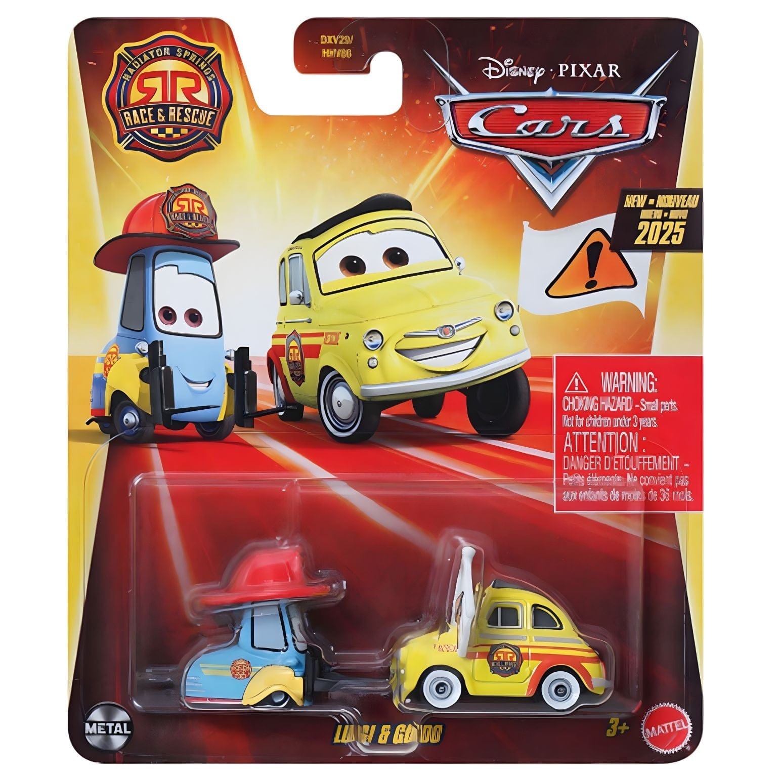 Cars Disney Luigi e Guido da Mattel em versão rescue com Guido de capacete vermelho e Luigi amarelo com bandeira de aviso