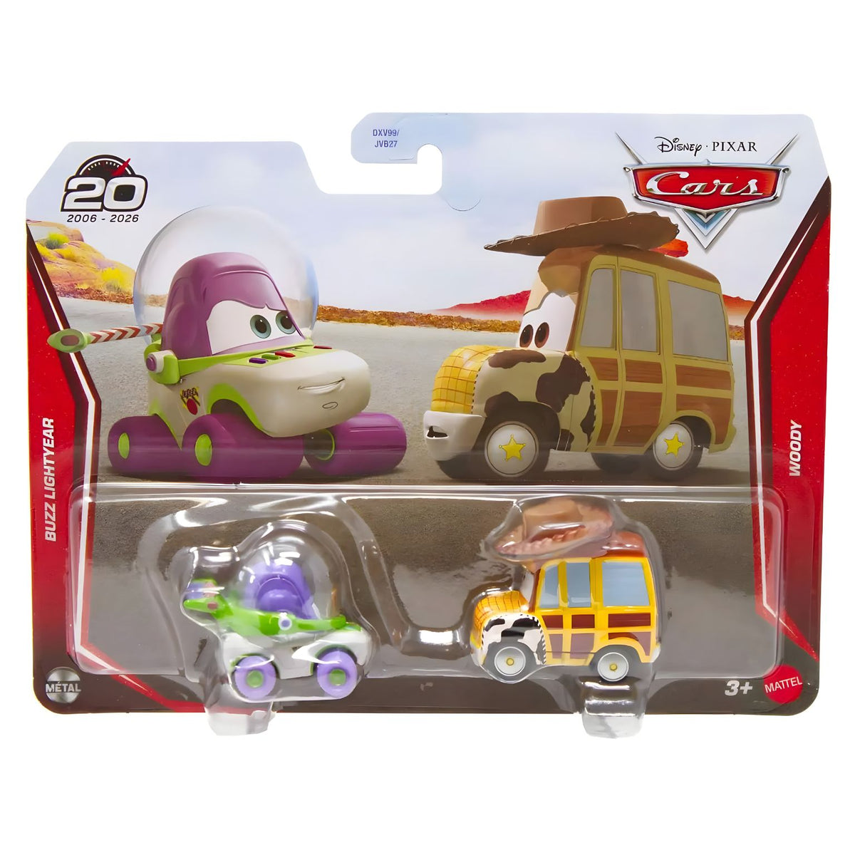 Embalagem Disney Pixar Cars com as miniaturas Buzz Lightyear e Woody, comemorativa dos 20 anos de Cars.