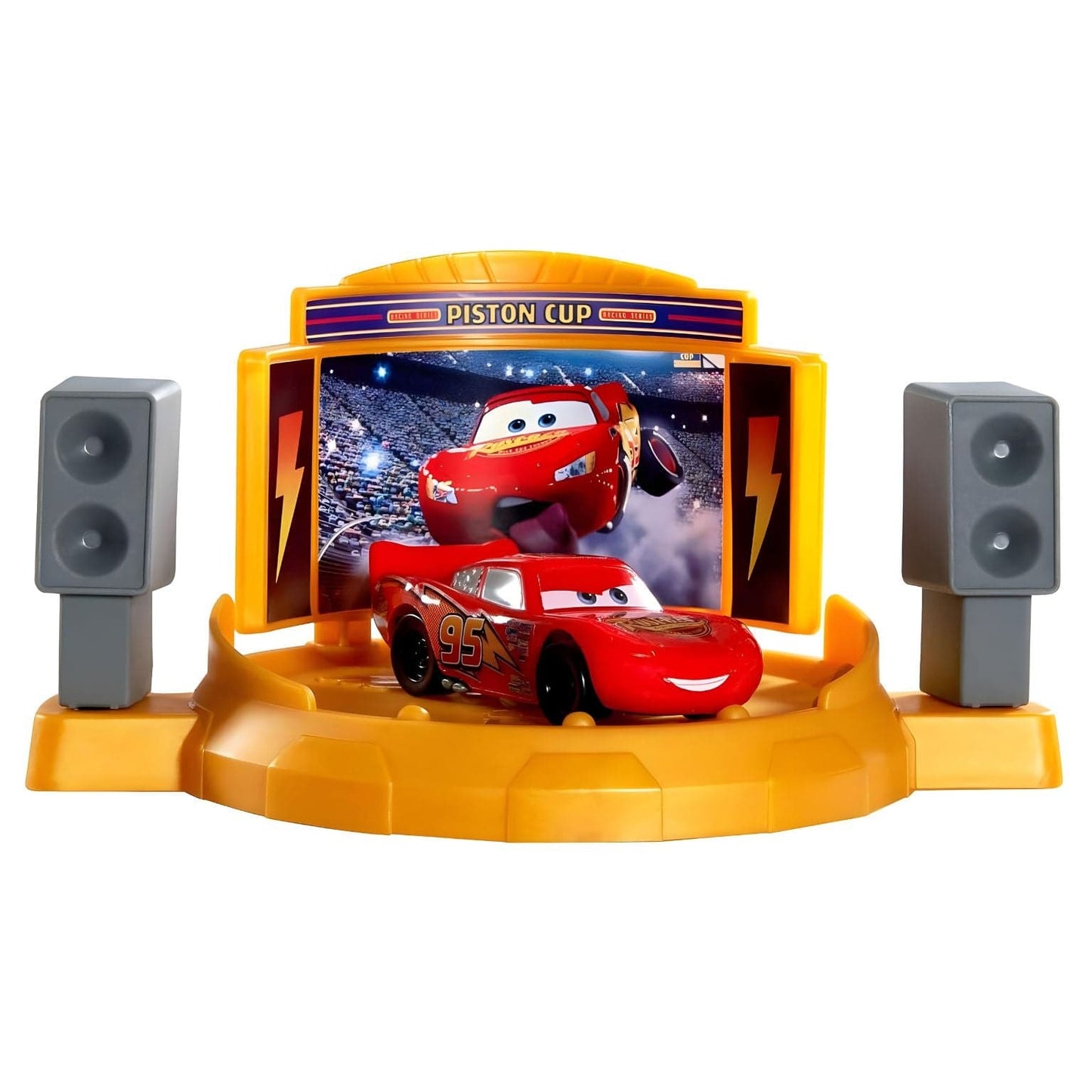 Cars - Pista de corridas com lançamento Copa Pistão com Relâmpago McQueen, meta e cenário de estádio da Copa Pistão