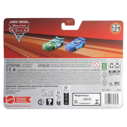 Verso da embalagem Cars Disney Jim Reverick e Spikey Fillups com avisos de segurança