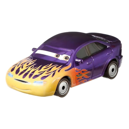 Carro Marilyn roxo com chamas amarelas e laranja, visto de frente