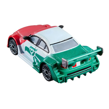 Carro Cars Disney Memo Rojas Jr. visto de trás, com asa traseira verde