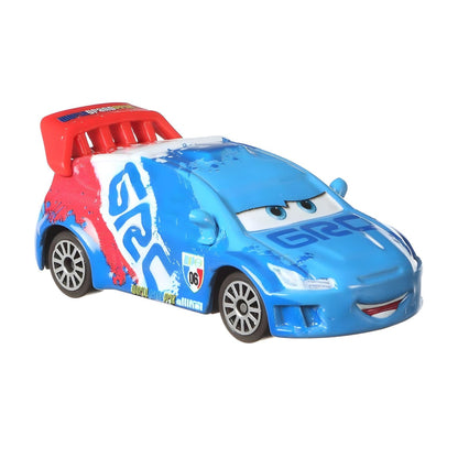 Carro Raoul ÇaRoule azul, branco e vermelho em vista lateral frontal, Cars Disney Pixar
