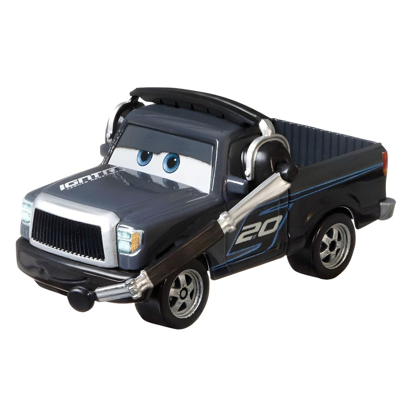 Cars Disney Ray Reverham da Mattel com visual escuro, número 20 e auscultadores no universo Disney Pixar Cars