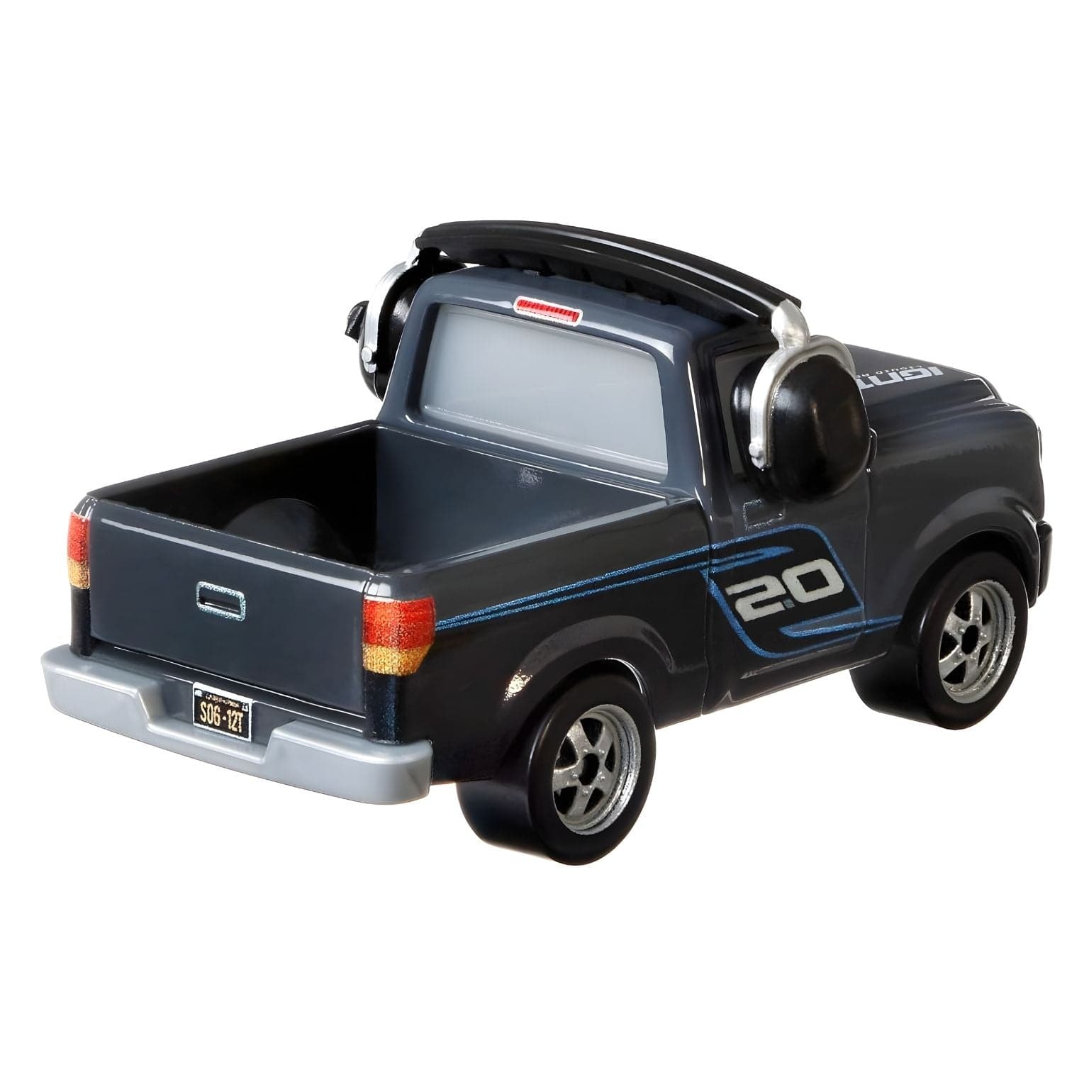 Cars Disney Ray Reverham da Mattel com visual escuro, número 20 e auscultadores no universo Disney Pixar Cars