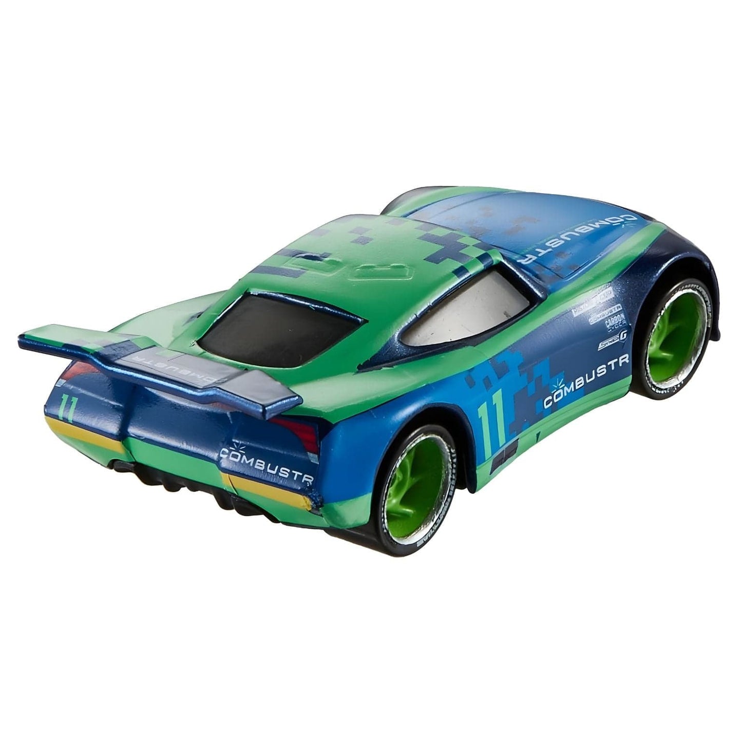 Cars Disney Chris Roamin azul e verde com número 11 e visual de corrida Disney Pixar Cars