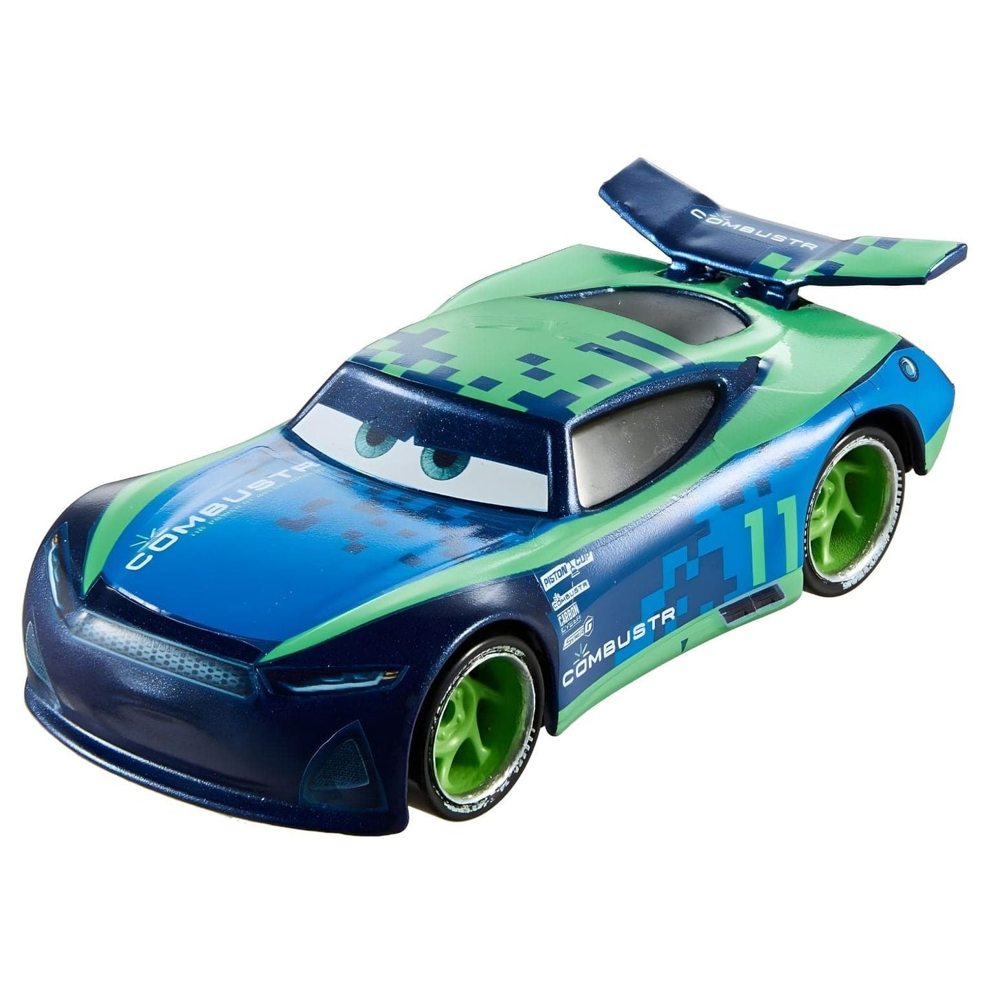 Cars Disney Chris Roamin azul e verde com número 11 e visual de corrida Disney Pixar Cars