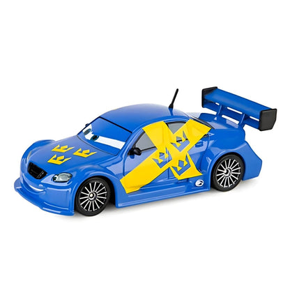Carro Flash Nilsson azul com cruz amarela e coroas, vista lateral