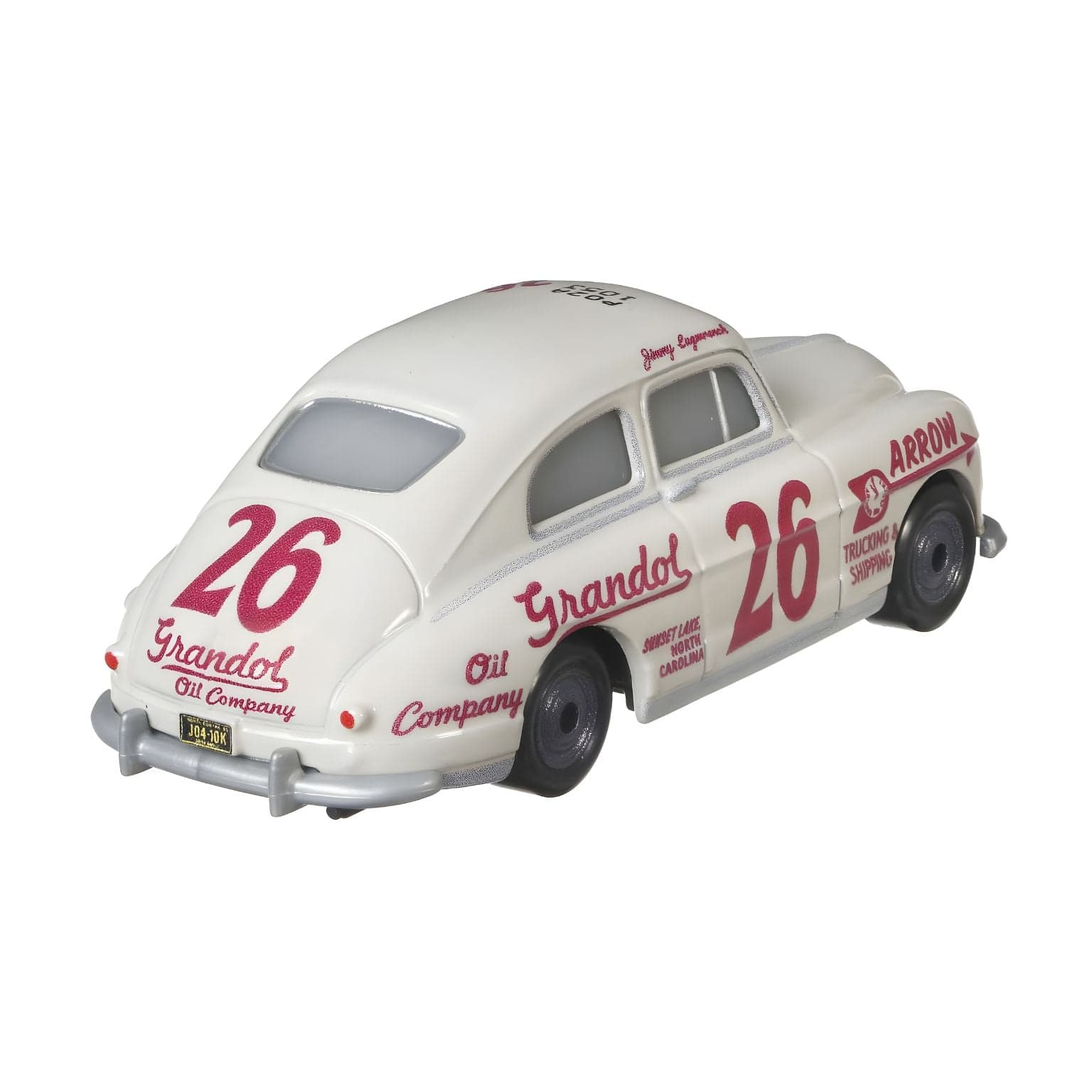 Cars Disney Jimmy Lugwrench branco com número 26 e detalhes vermelhos