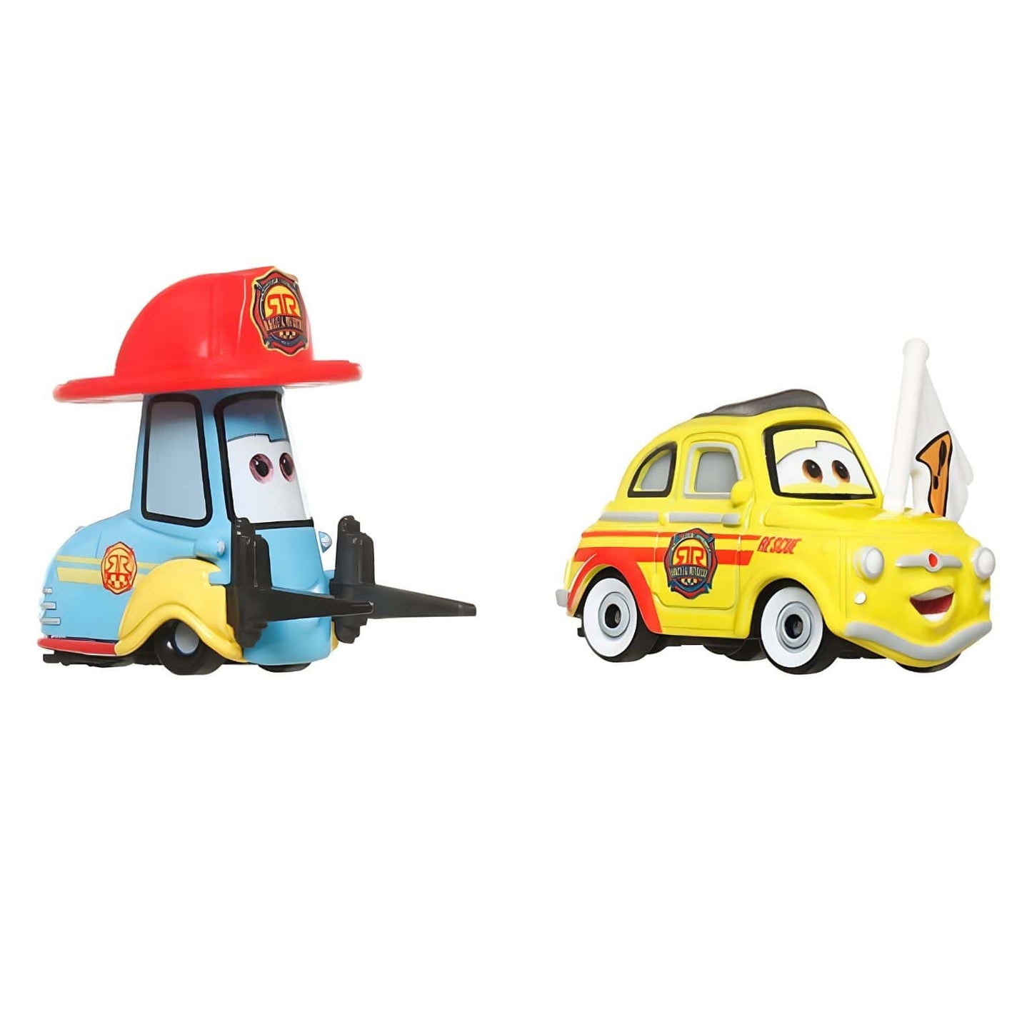 Cars Disney Luigi e Guido da Mattel em versão rescue com Guido de capacete vermelho e Luigi amarelo com bandeira de aviso