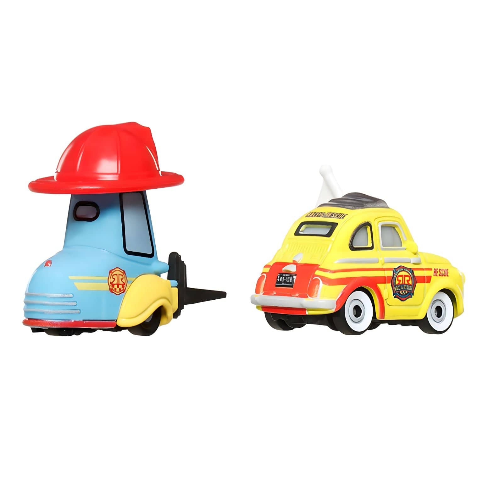 Cars Disney Luigi e Guido da Mattel em versão rescue com Guido de capacete vermelho e Luigi amarelo com bandeira de aviso