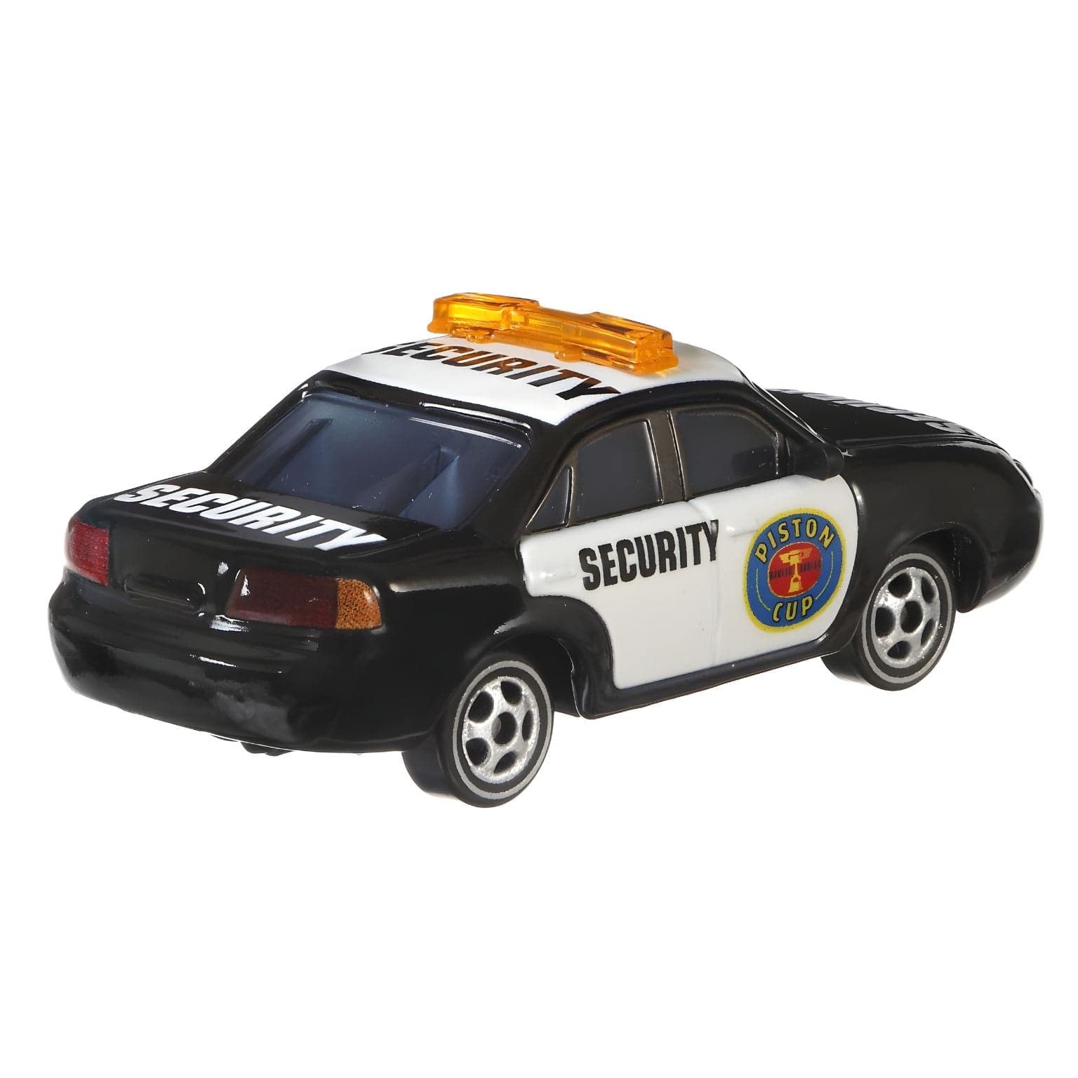Carrinho Cars Disney Marlon Clutches McKay da Mattel com visual de segurança preto e branco e luz laranja no tejadilho