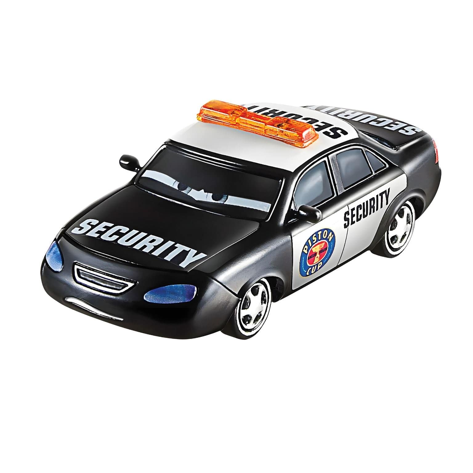 Carrinho Cars Disney Marlon Clutches McKay da Mattel com visual de segurança preto e branco e luz laranja no tejadilho