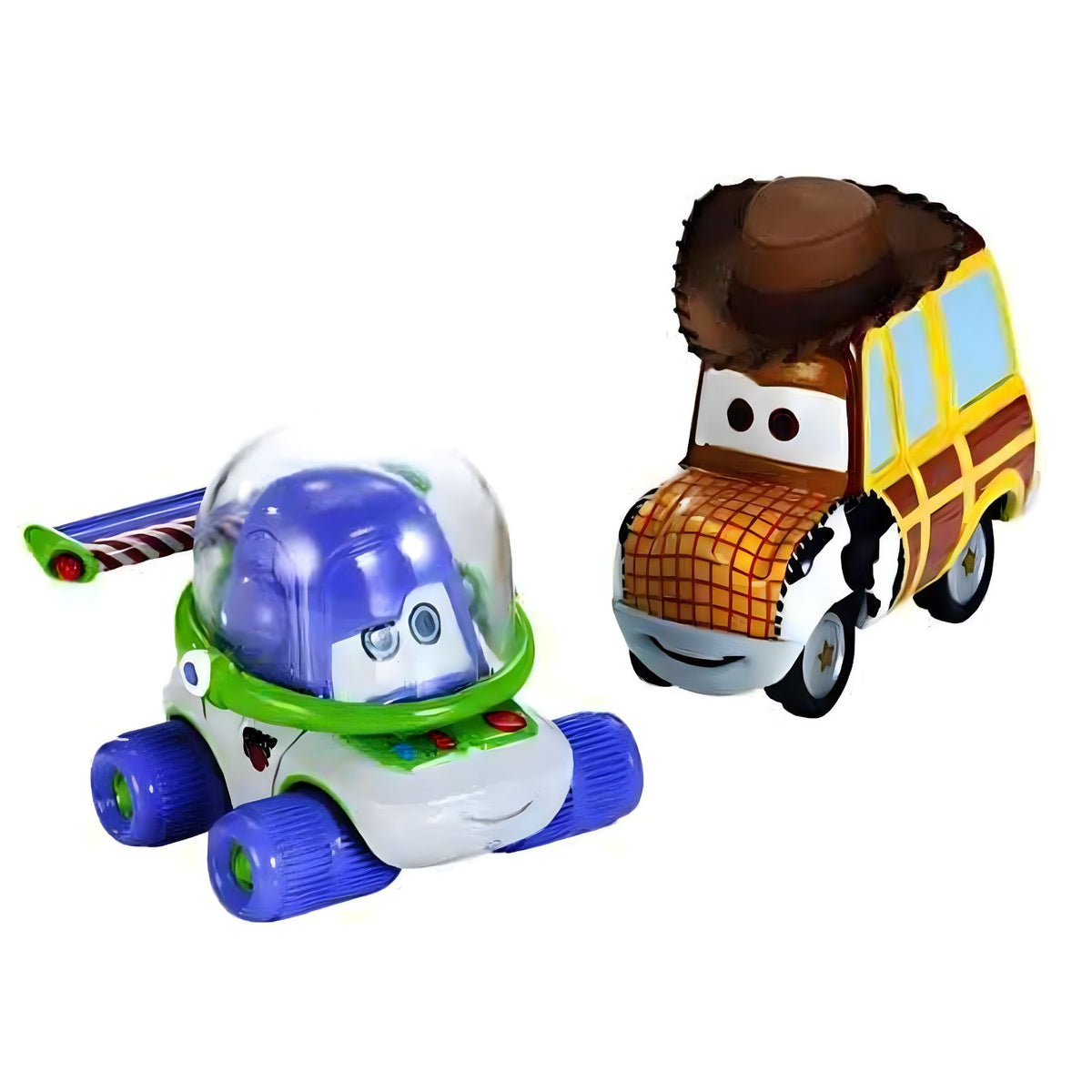 Miniaturas Disney Pixar Cars de Buzz Lightyear e Woody lado a lado, com as cores e formas de Toy Story.