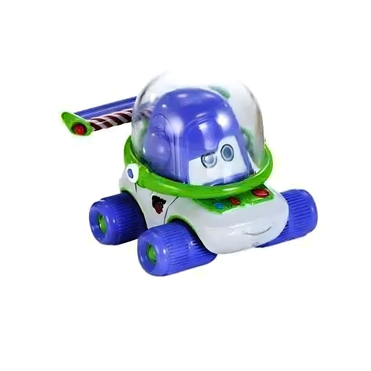 Miniatura Cars Buzz Lightyear inspirada em Toy Story, com cores brancas, verdes e roxas e cúpula transparente.