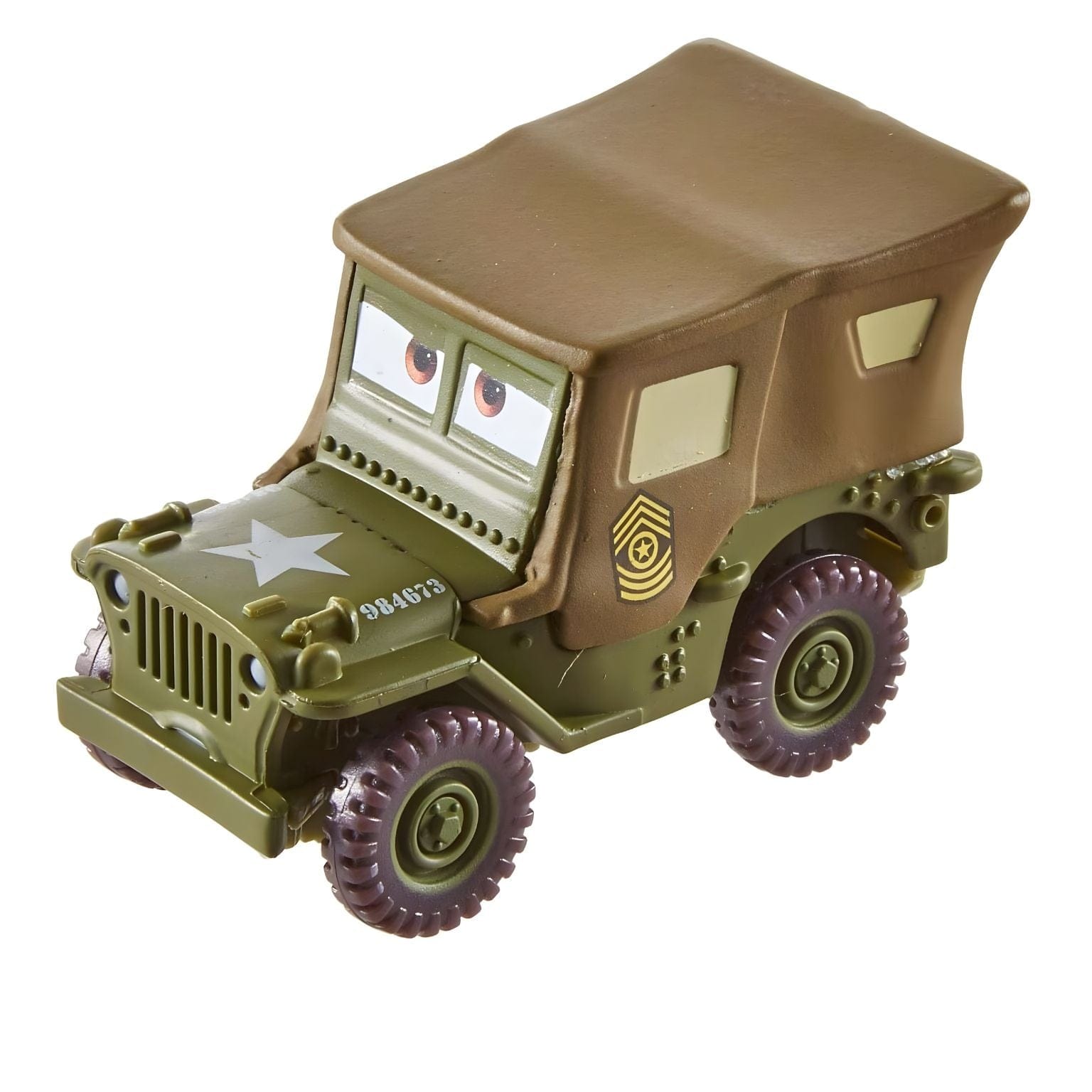 Carrinho Cars Disney Pixar Sarge em verde militar com olhar expressivo